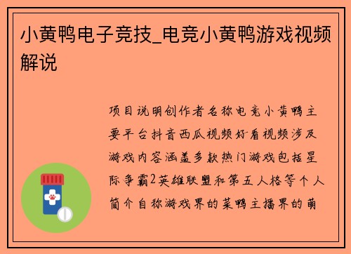 小黄鸭电子竞技_电竞小黄鸭游戏视频解说